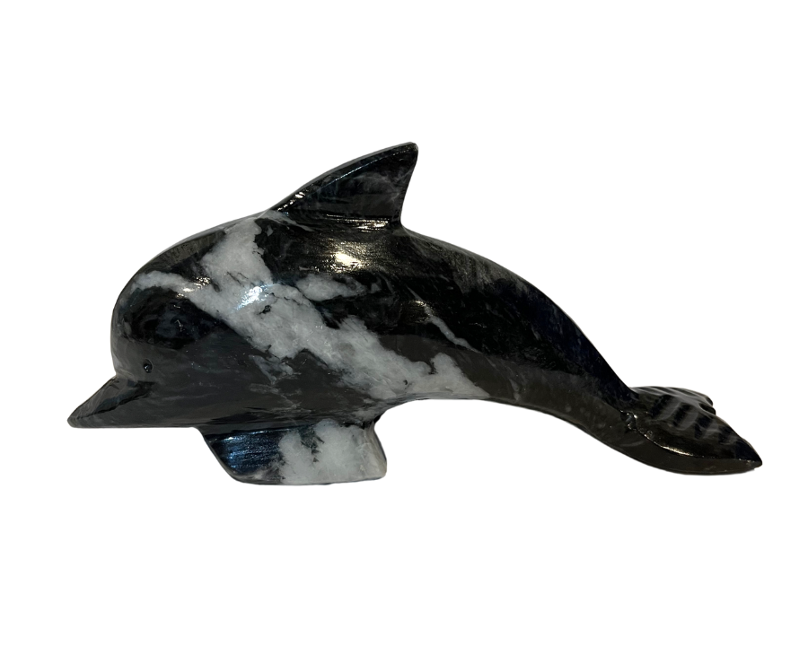 7.5" Black Marble Onyx Hand Carved Dolphin Figurine