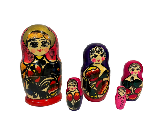 Vintage Russian Matryoshka Nesting Dolls Red Pink Purple Floral Design Set of 5