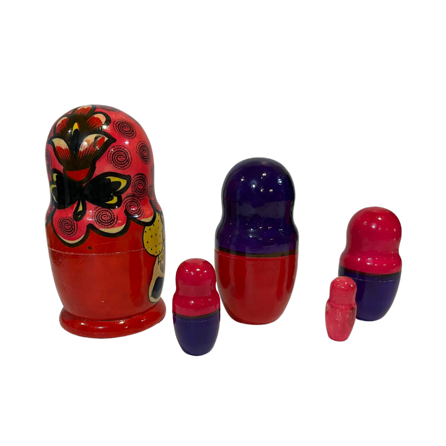 Vintage Russian Matryoshka Nesting Dolls Red Pink Purple Floral Design Set of 5