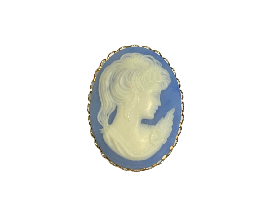 Vintage Victorian Lady Cameo Blue Resin Costume Jewelry Brooch 1 5/8" Long