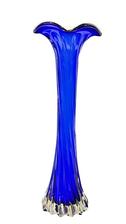 12" Cobalt Blue Cased Swirled Stretch Ribbed Art Deco Glass Vase