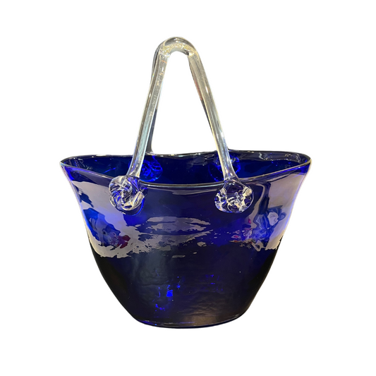 Hand Blown Cobalt Blue Glass Handbag with Clear Glass Applied Handle